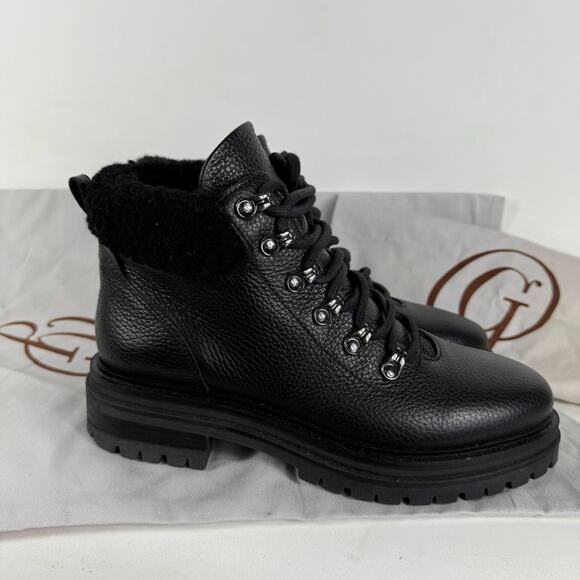 M. Gemi Alpi Combat Boots Women's 8 Black Leather Shearling Fur Trim Lace Up - Picture 2 of 10